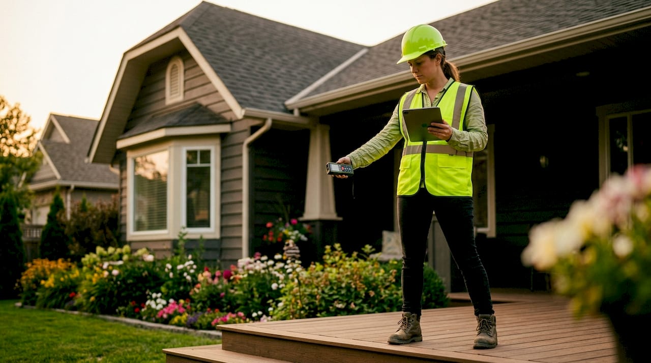 Roofing inspector measuring roof perimeter outdoors