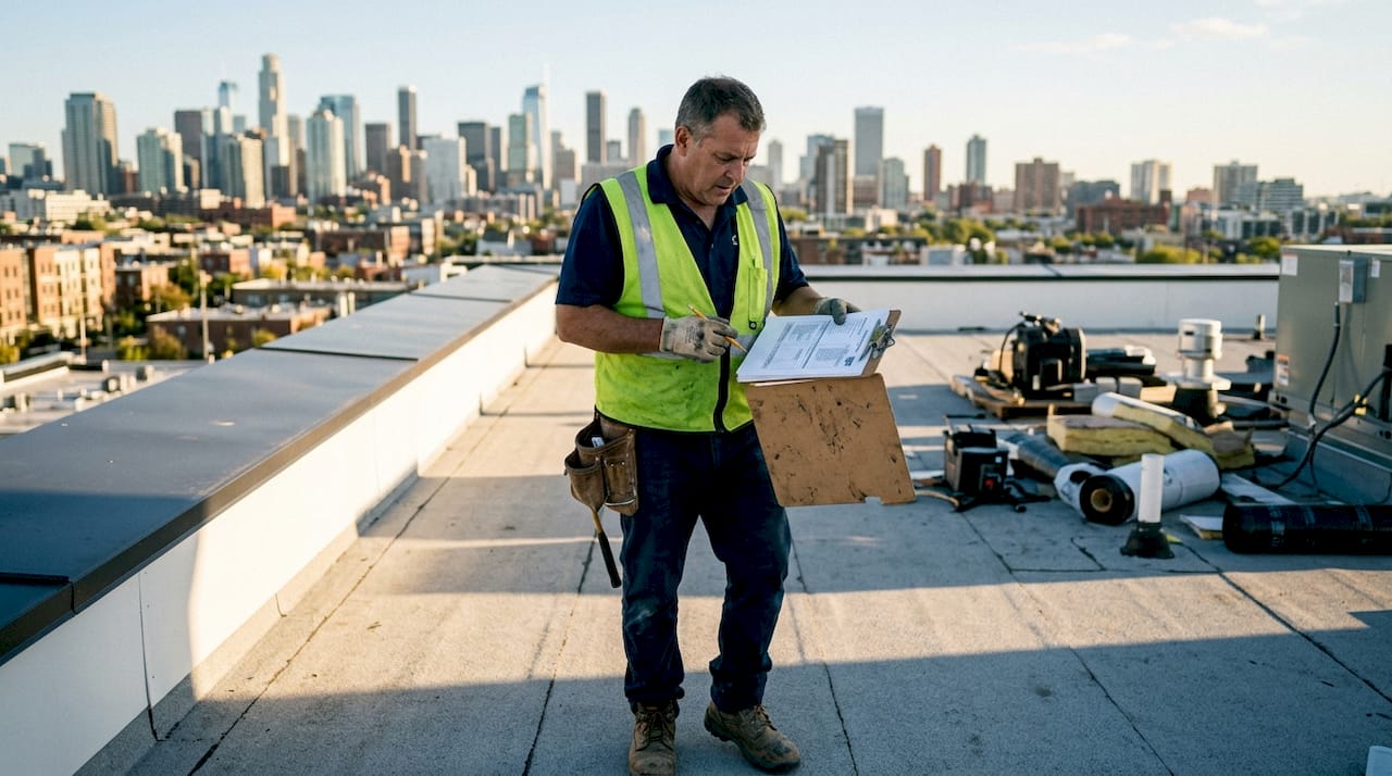 Roofing contractor reviewing scope on rooftop