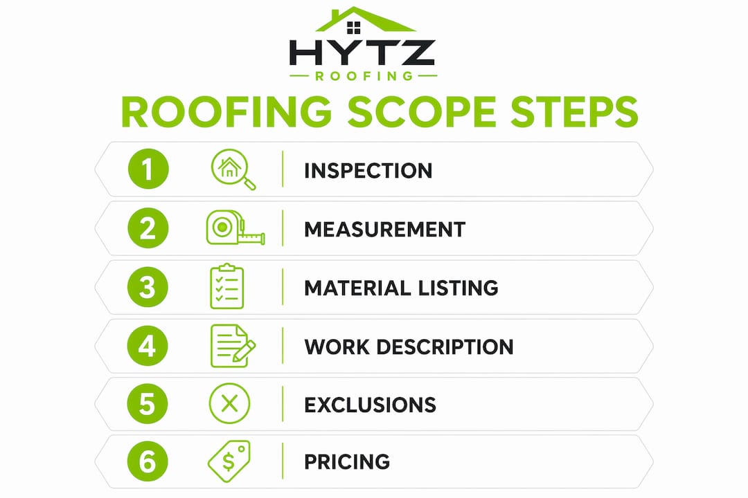 Infographic outlining steps in a roofing scope of work