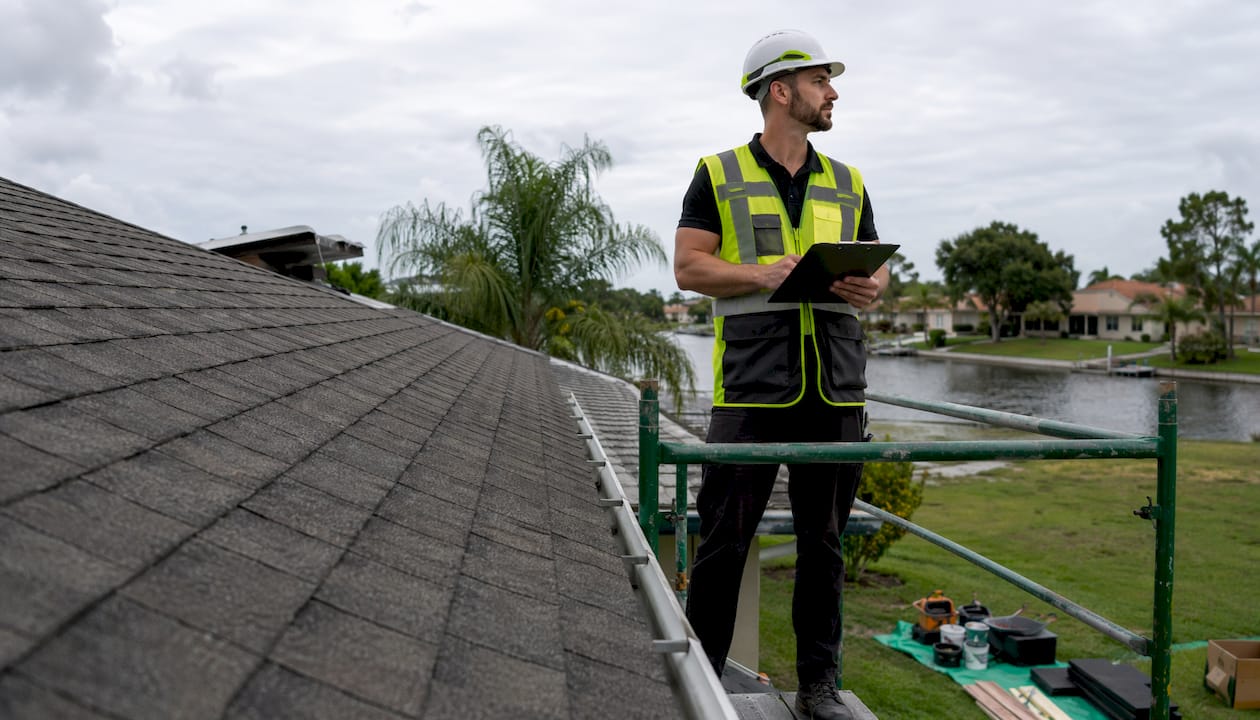 Contractor inspecting Florida roof professionally