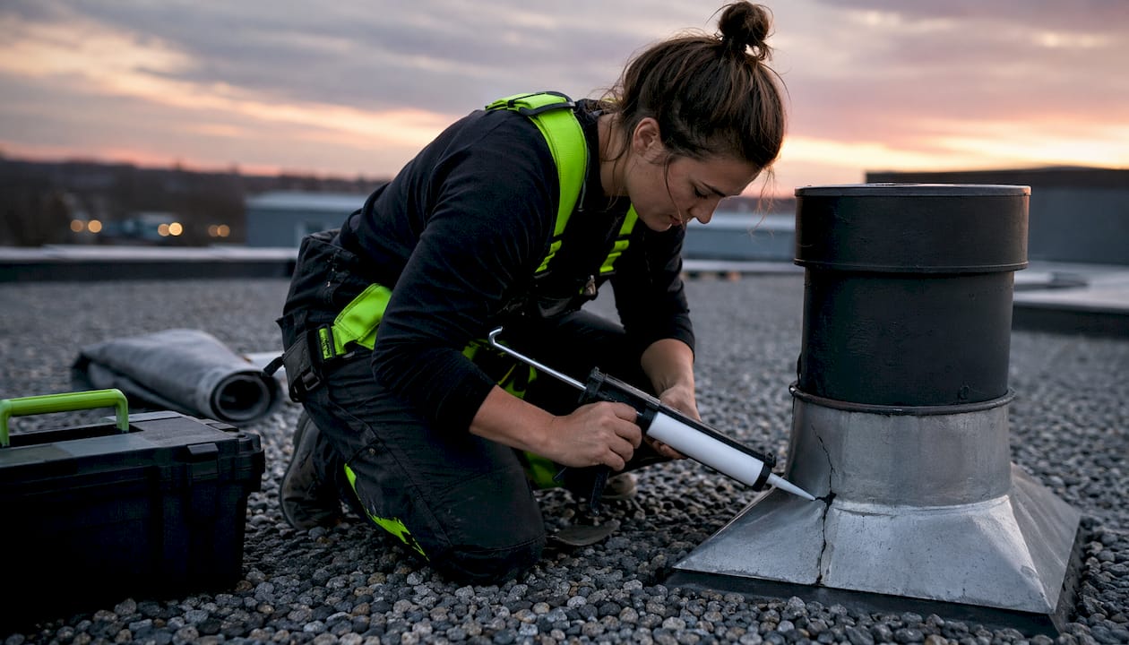 Roof technician repairing flashing with sealant