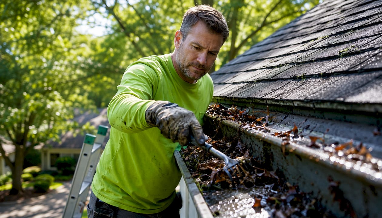 Hands clearing leaves from clogged gutter
