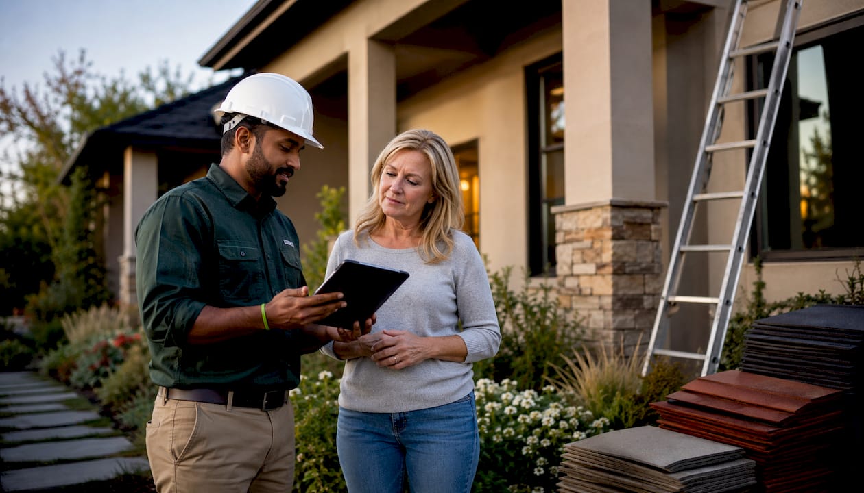 Contractor and homeowner discussing roof financing outdoors