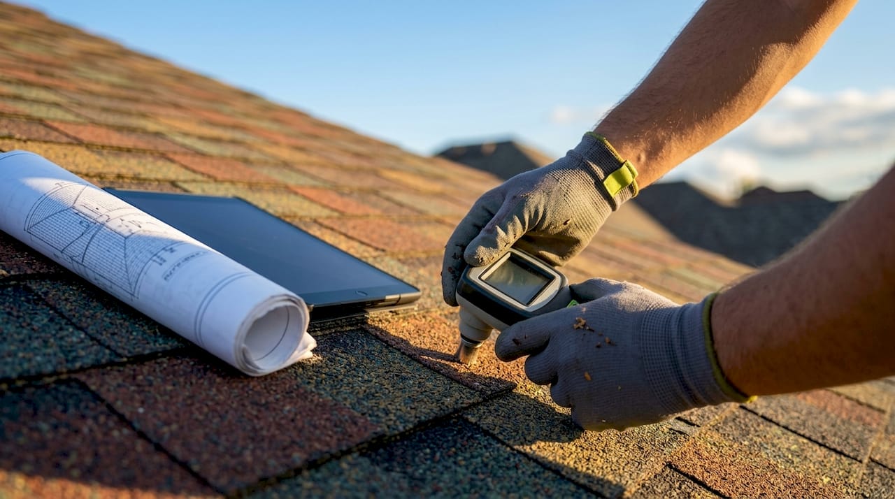 Hands using infrared roof inspection device