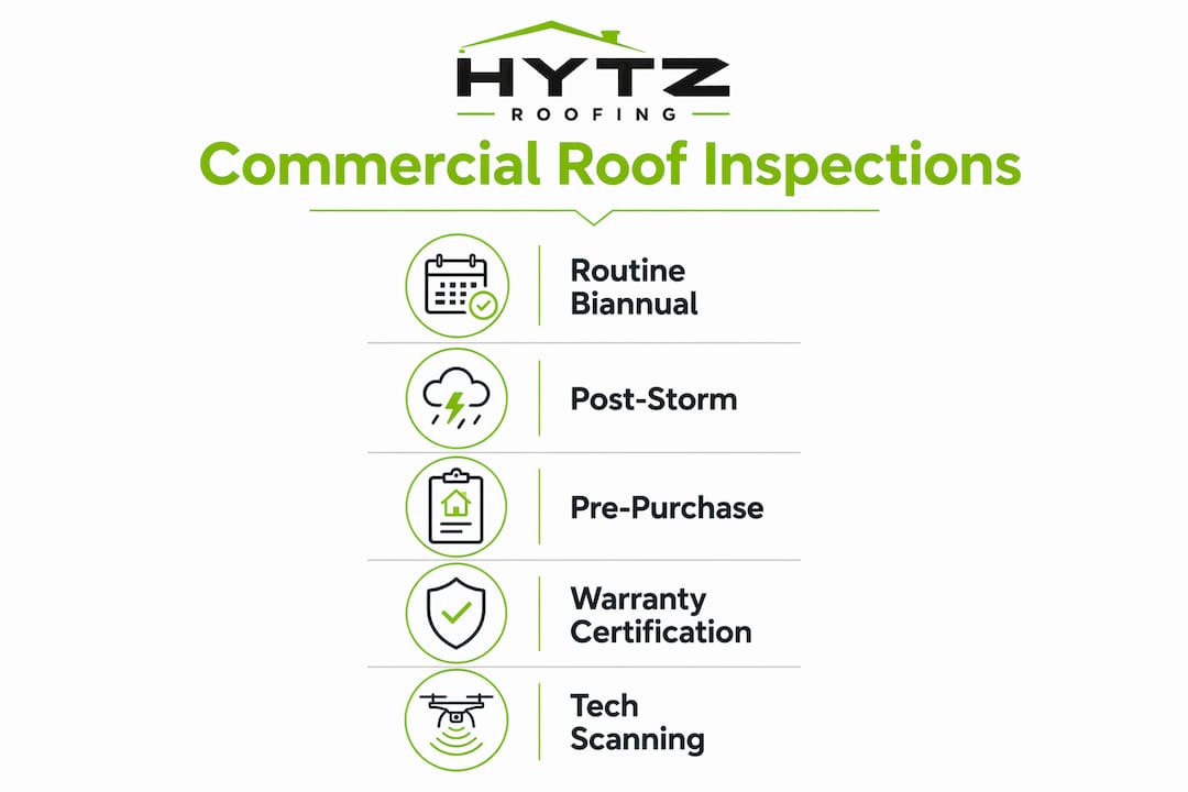 Infographic showing commercial roof inspection types and schedule