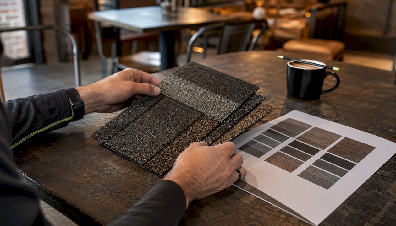 Shingles and specification sheet on outdoor workbench