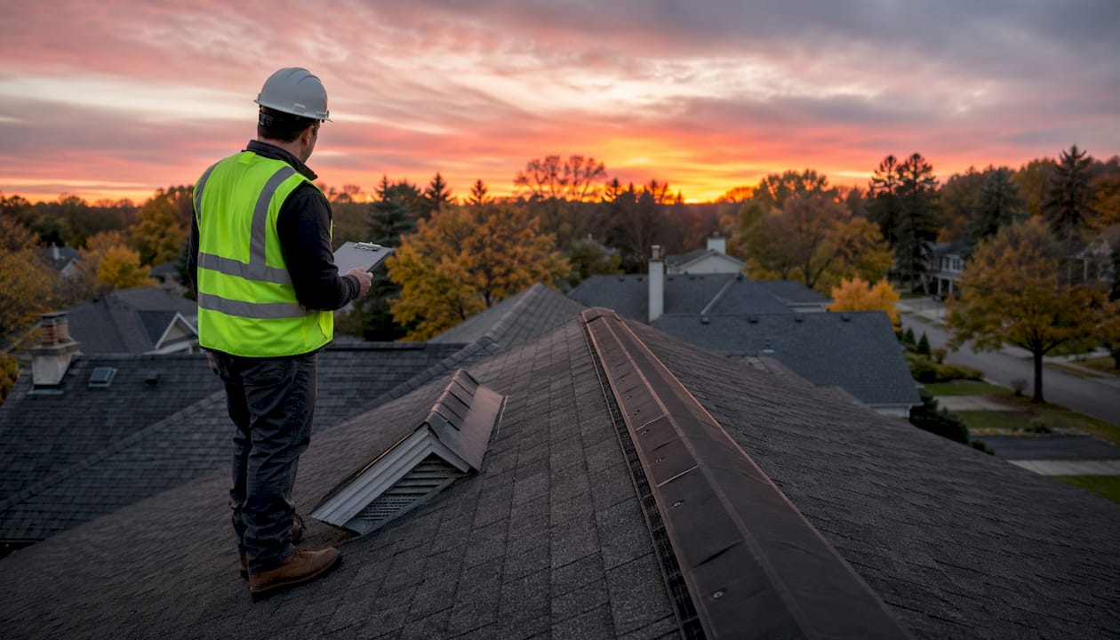 Contractor inspecting roof ridge ventilation system