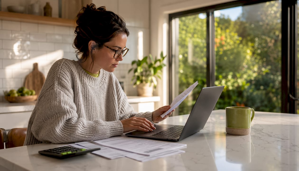 Woman reviewing home equity loan documents at home desk