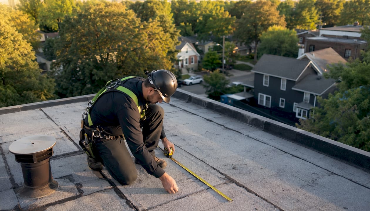 Contractor measuring roof outdoors