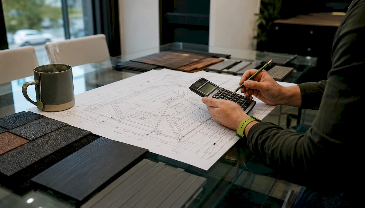 Hands calculating roof pitch multipliers