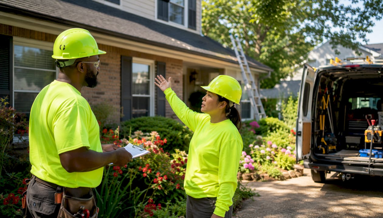 Roof workers discussing installation preparation
