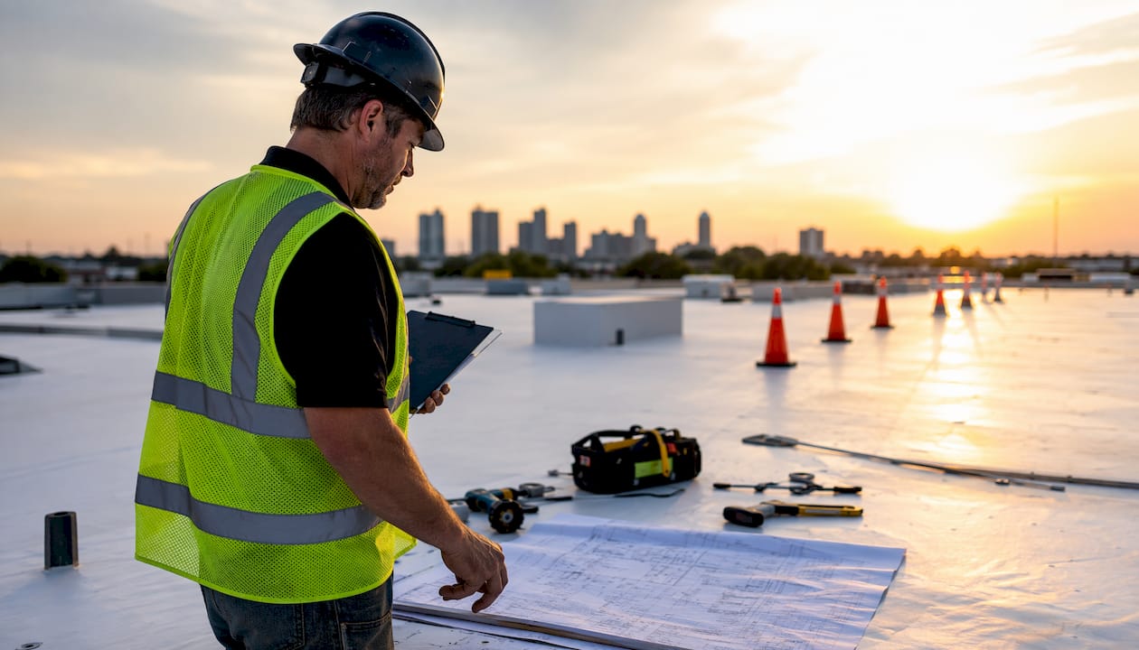 Certified contractor inspecting commercial flat roof