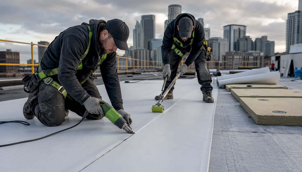 Technicians installing TPO roofing membrane on flat roof