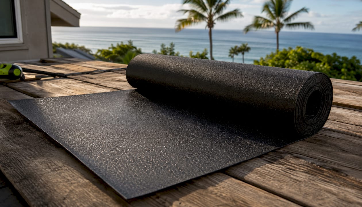 Close-up of EPDM roofing membrane roll on rooftop