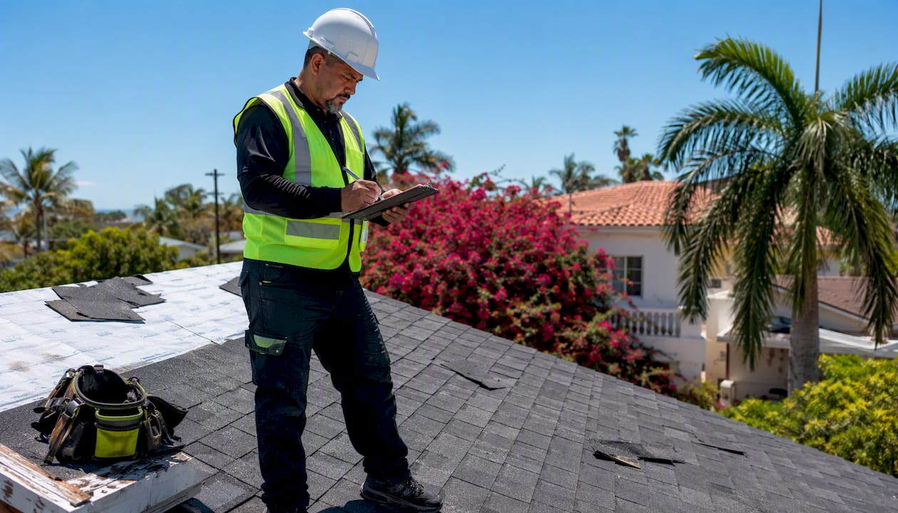 Licensed roofing contractor inspecting Florida roof
