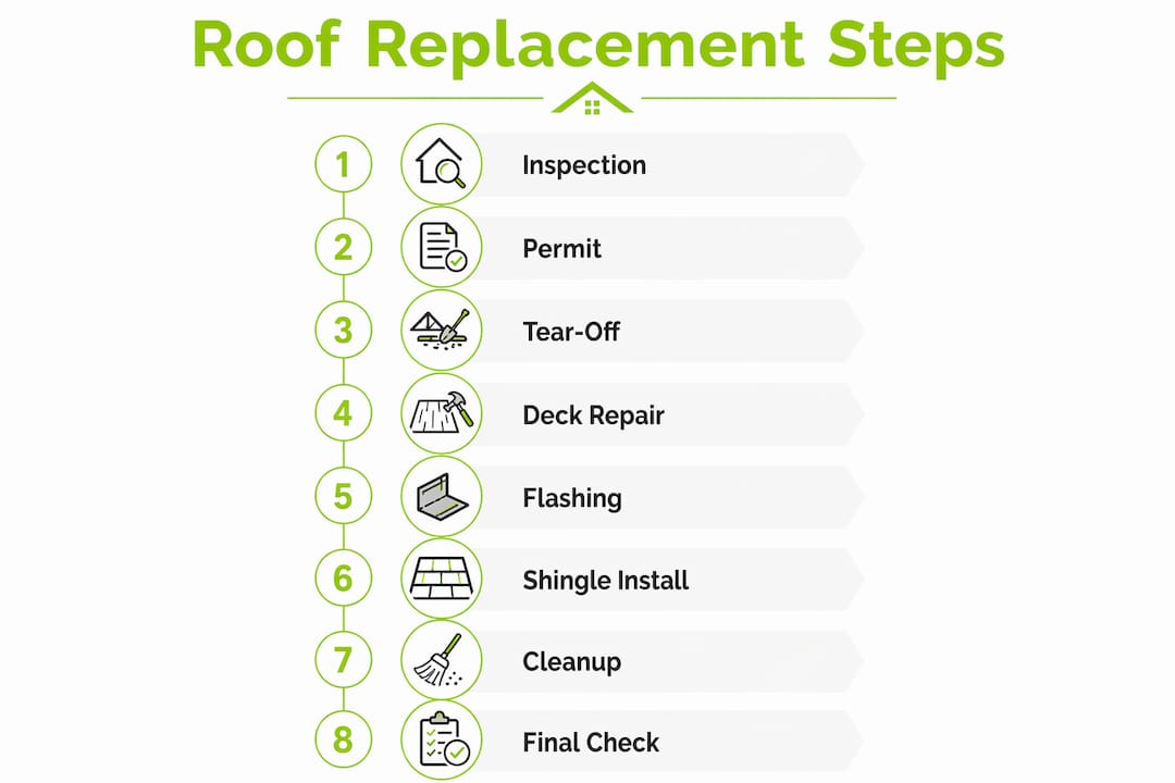 Infographic showing steps in roof shingle replacement
