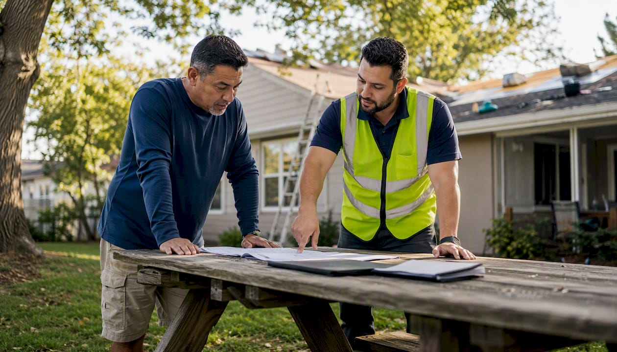 Homeowner and contractor discussing roofing financing outdoors