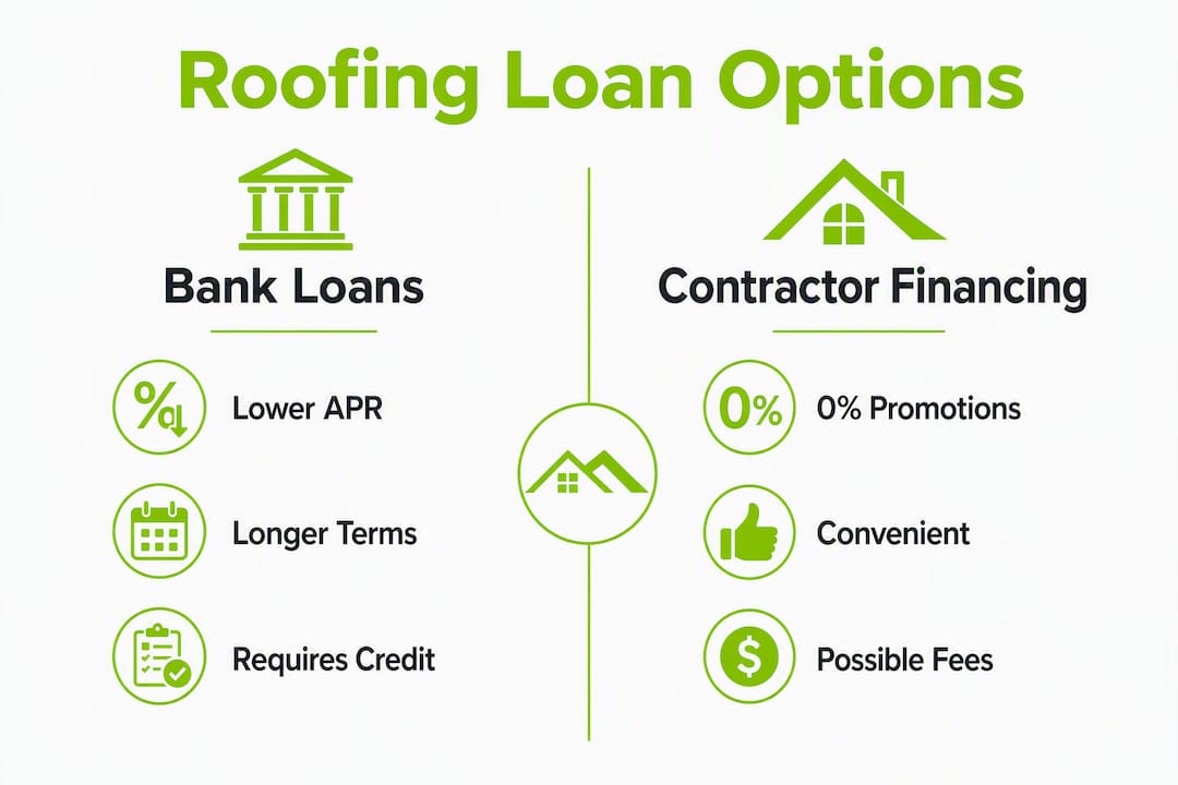Infographic comparing bank loans vs contractor financing for roofing