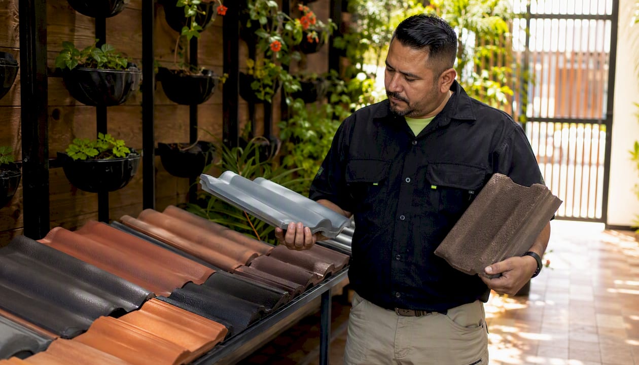 Man comparing types of tile roof samples