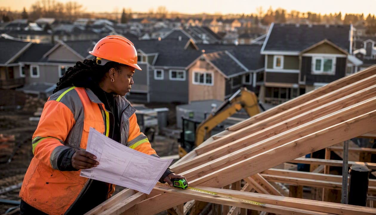 Roofing contractor inspecting wooden roof framing