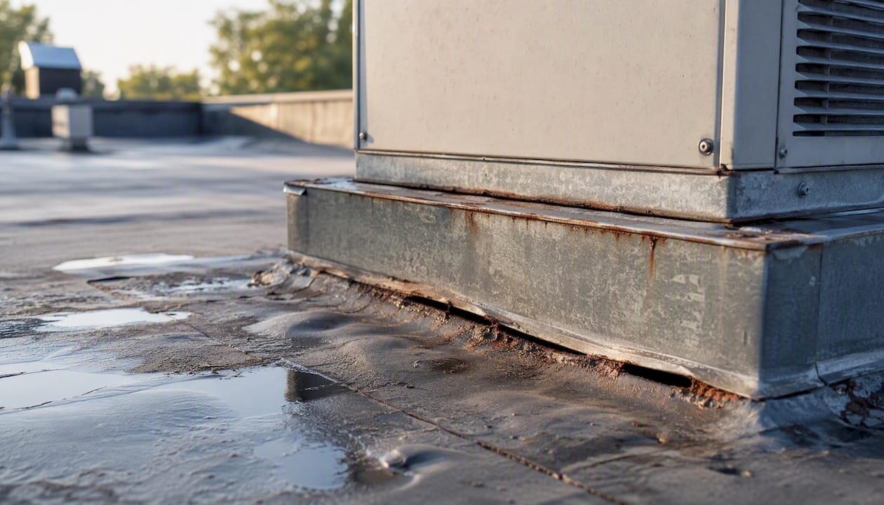 Cracked flashing around rooftop HVAC unit