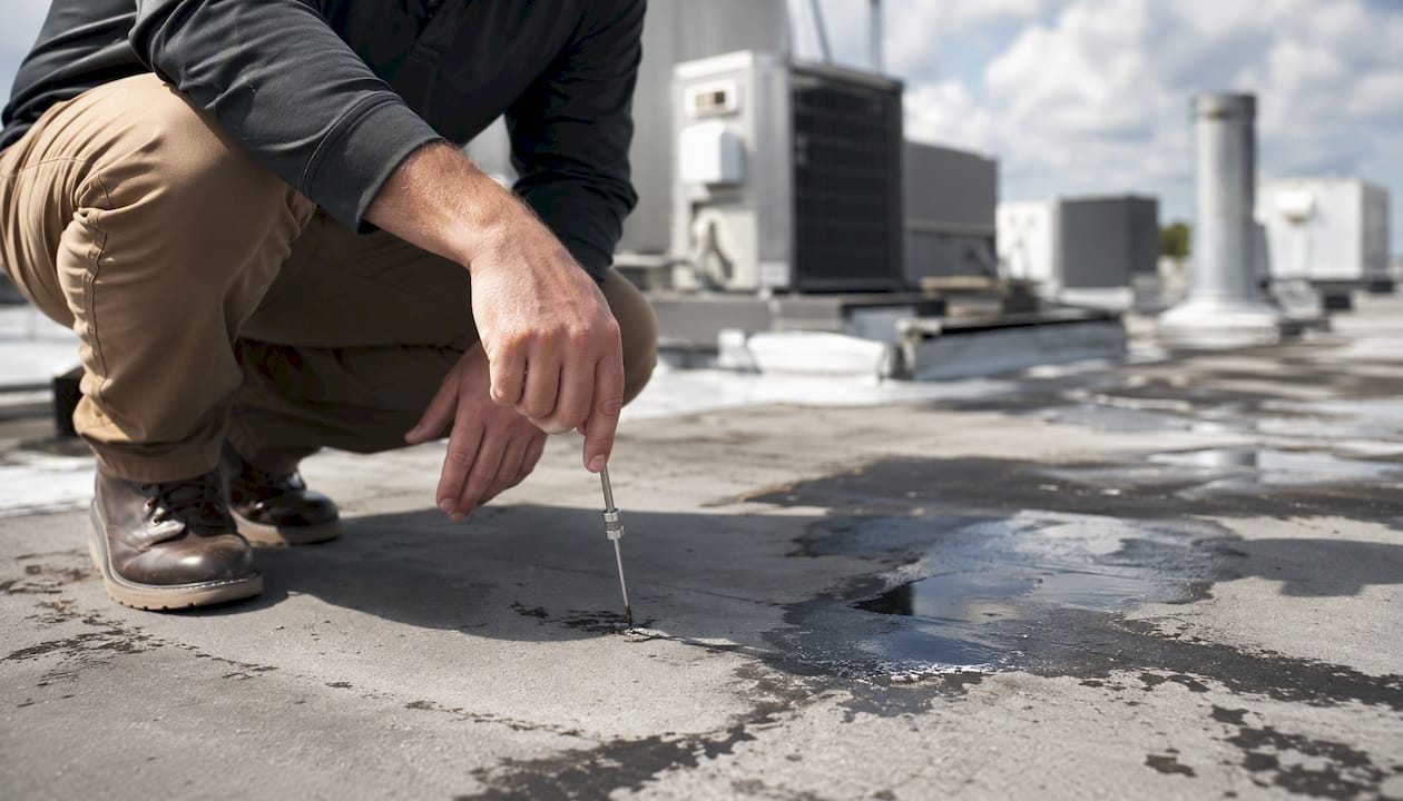 Inspector hands testing roof membrane condition