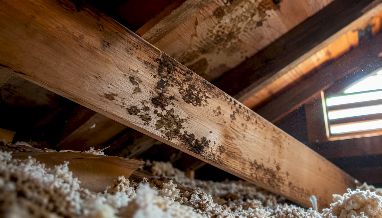 Water stains on attic ceiling wood
