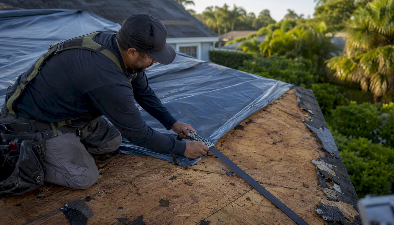 Roofing professional securing emergency tarp over roof damage