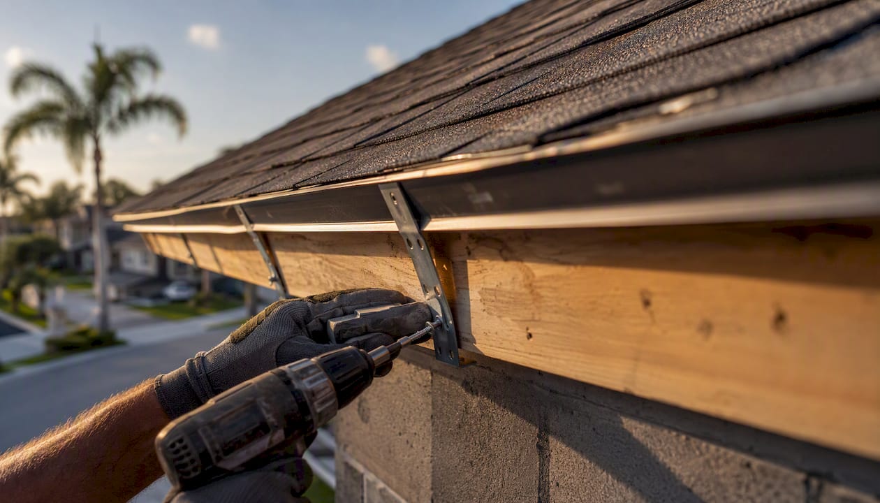 Roof-to-wall hurricane straps being installed