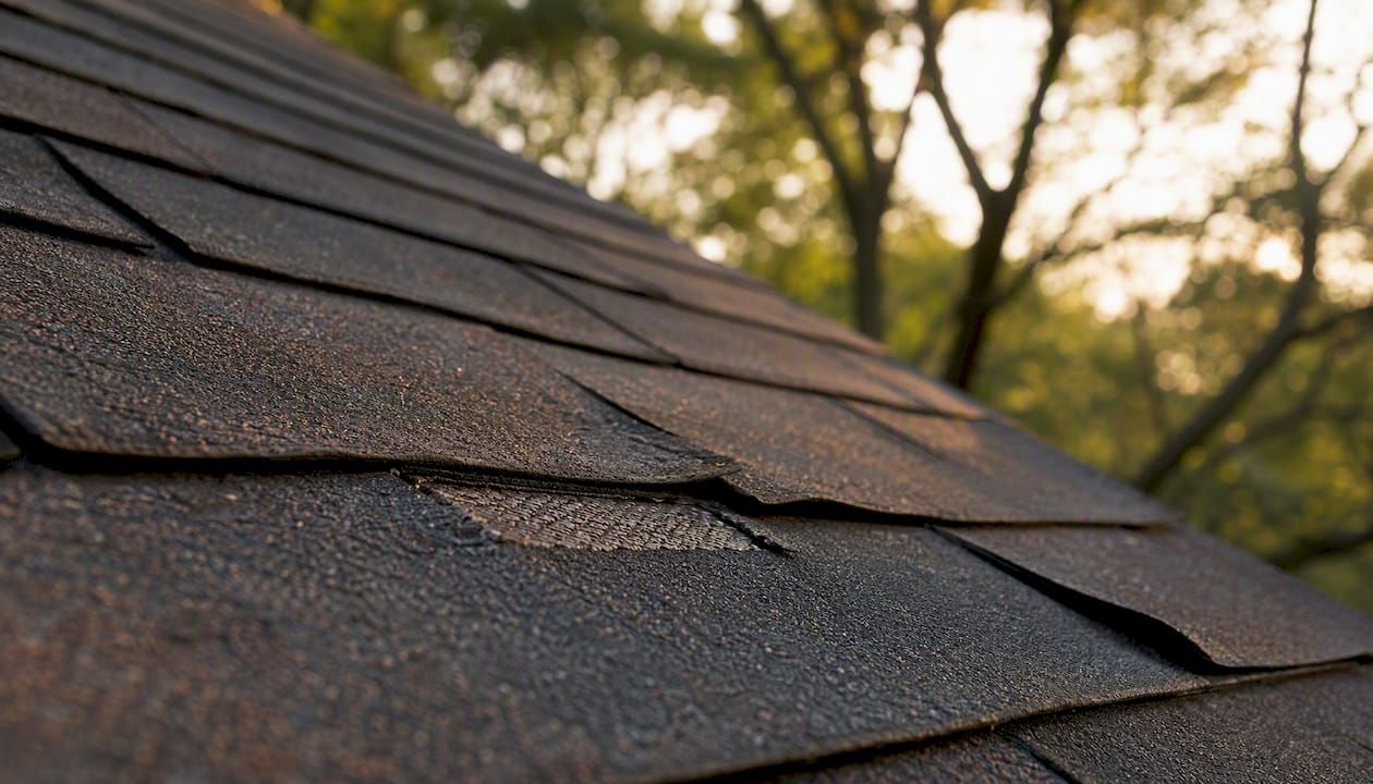 Subtle creased and lifted wind-damaged roof shingles
