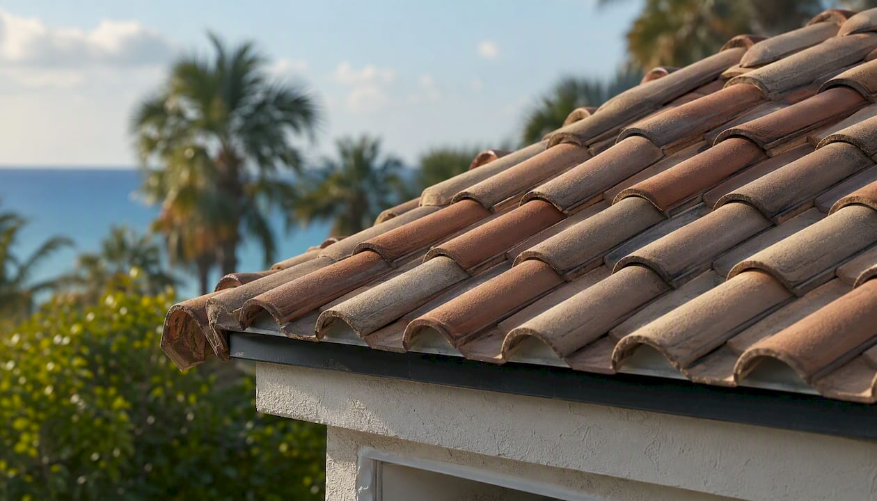 Close-up of clay tile roof installation detail