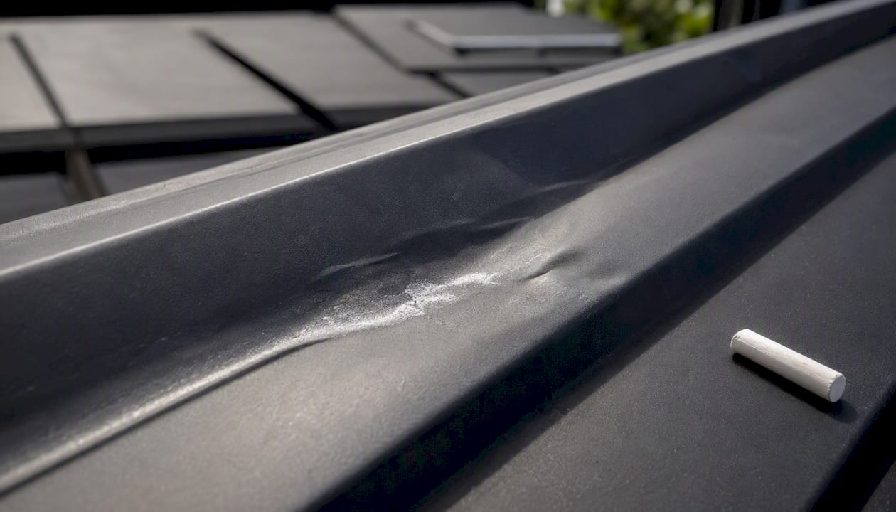 Dented metal roof panel showing chalk test marks