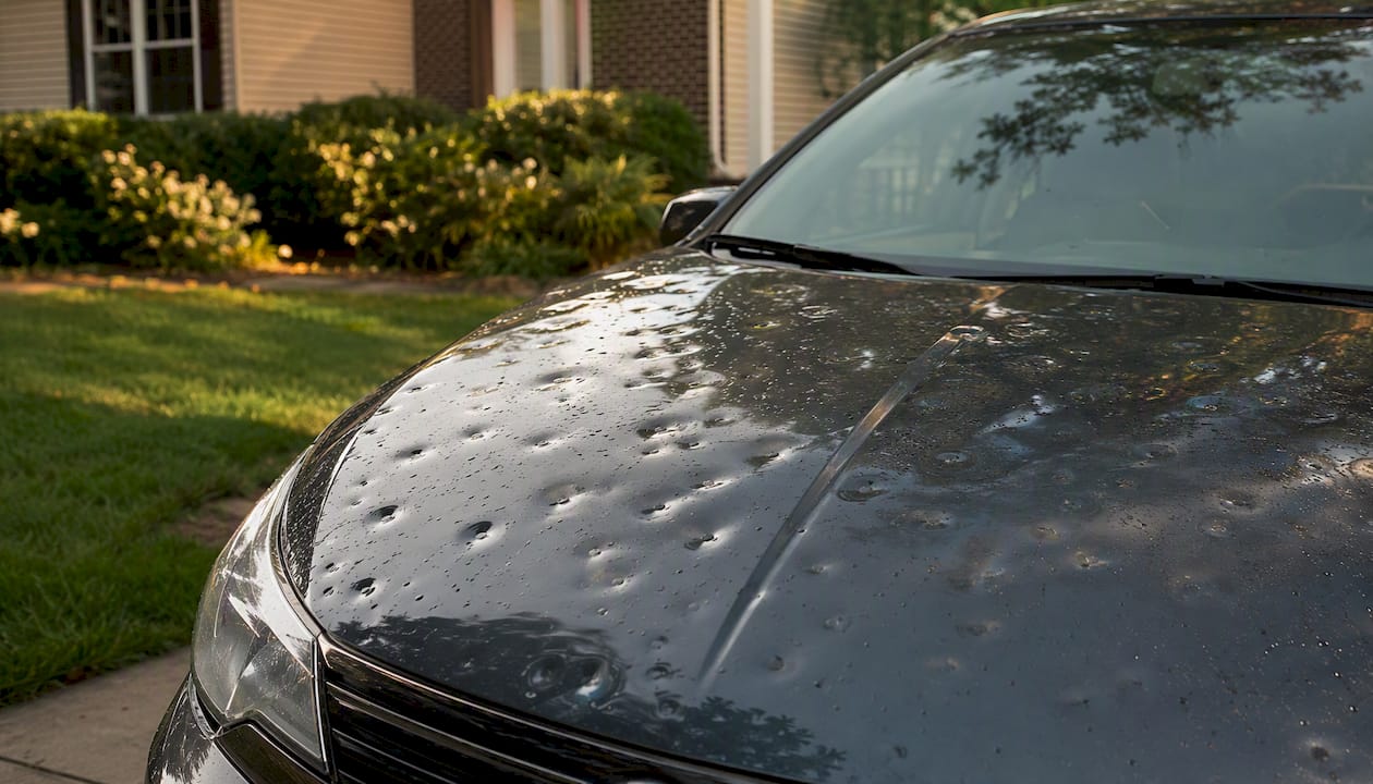 Car hood with visible hail dents in driveway