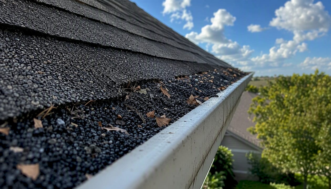 Residential gutter filled with roof granule debris