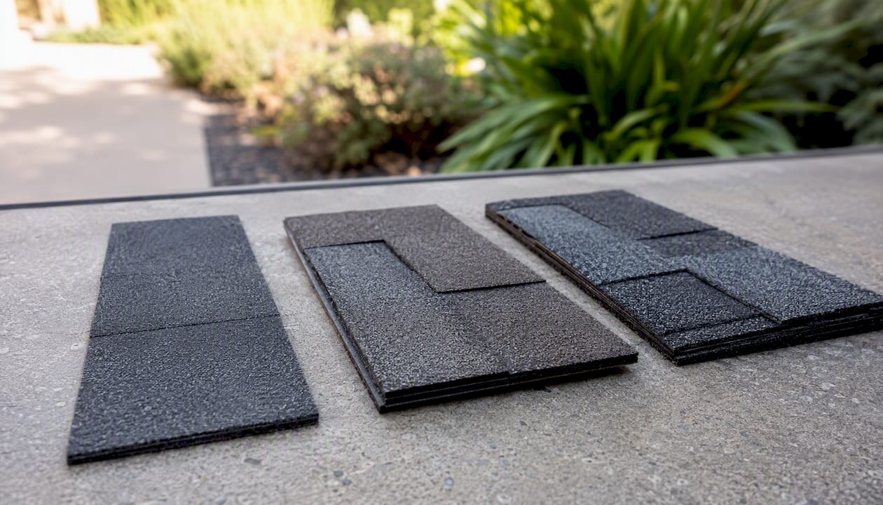 Close-up of three asphalt shingle types laid out