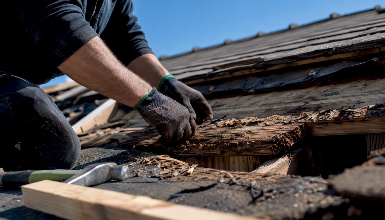 Roofer hands repairing rotted roof decking