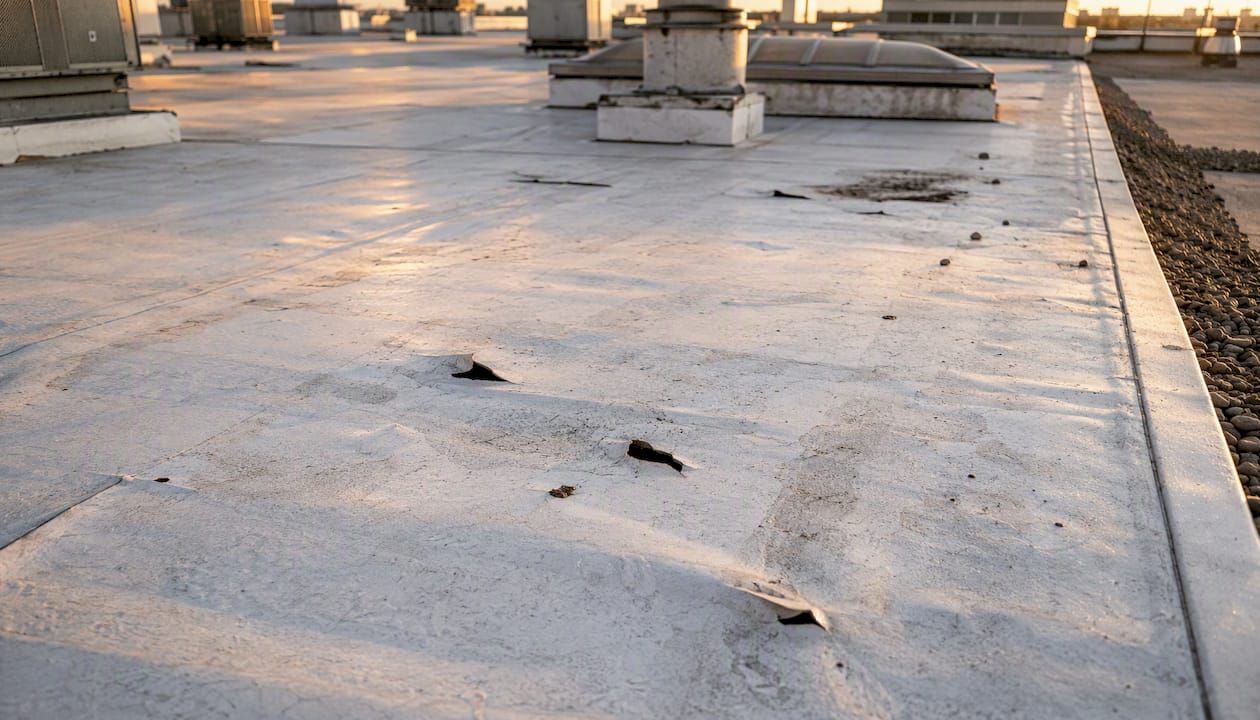 Close-up of punctures and tears on TPO roof membrane