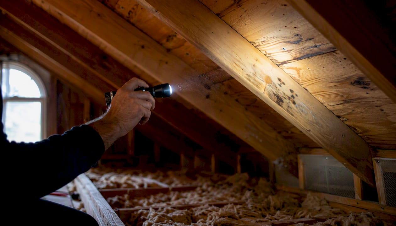 Contractor inspecting attic roof decking