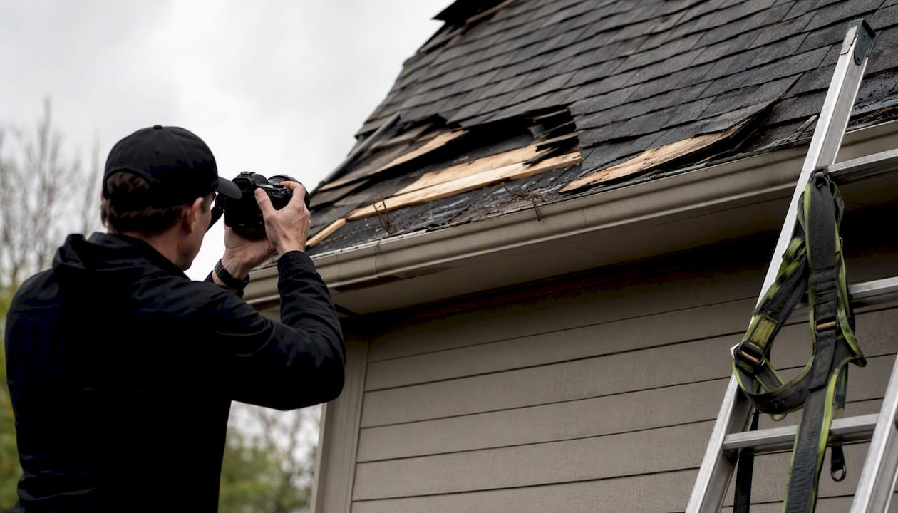 Contractor photographing storm roof damage