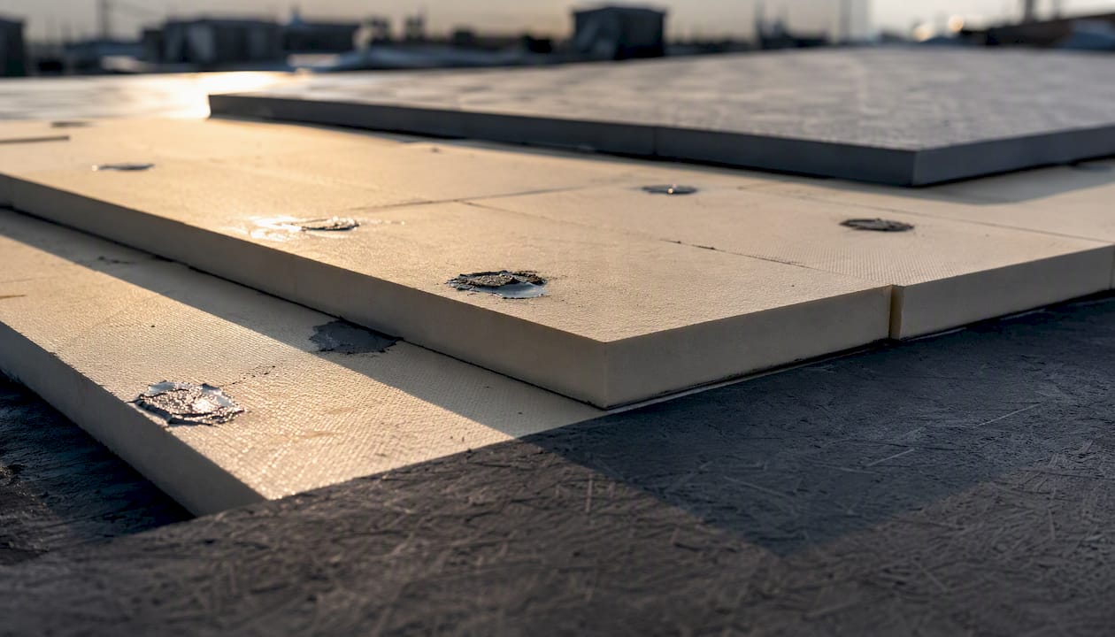 Polyiso insulation board on commercial roof close-up