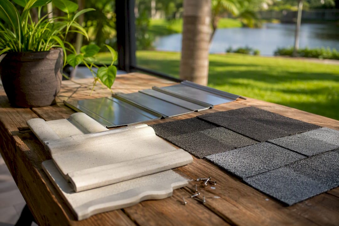 Samples of cool roofing materials on workbench