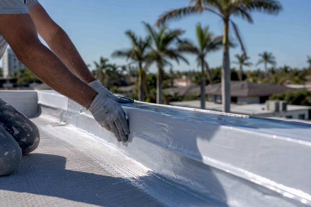 Hands applying cool roof membrane in Florida