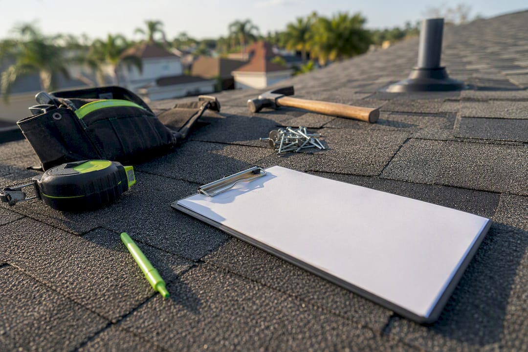 Roofing clipboard and materials on shingles