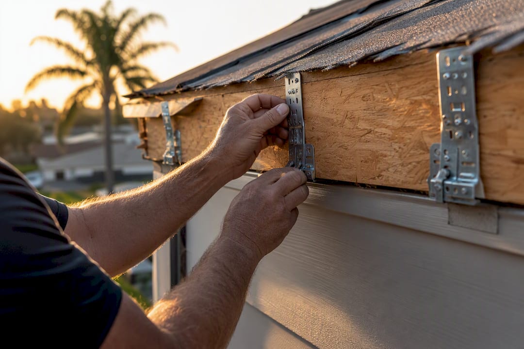 Hands inspecting roof wind mitigation features