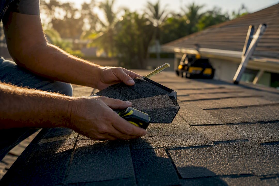 Contractor hands inspecting roofing materials