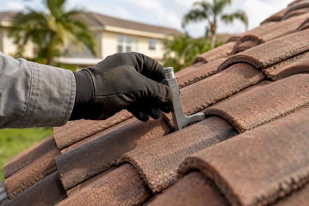 Gloved hand inspecting tile roof with gauge