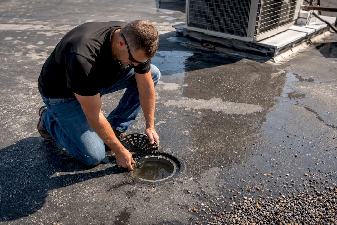 Roof inspector testing drain flow on flat roof