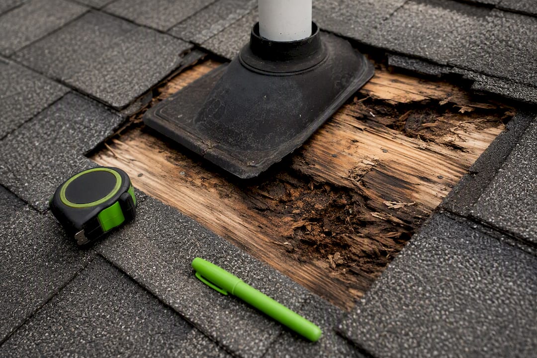 Rotten roof decking near bathroom vent
