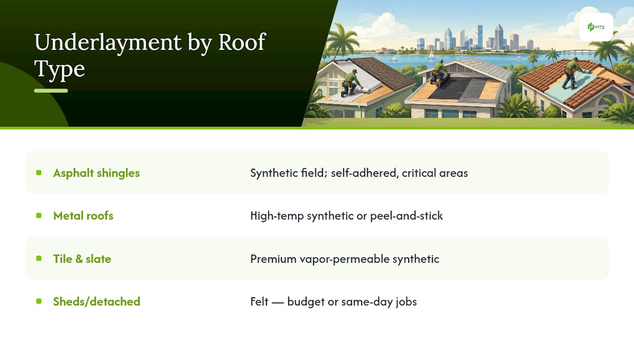 Recommended Underlayment Pairings by Roof Type — overview diagram