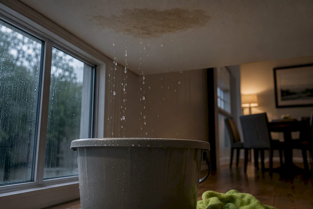 Ceiling leak dripping into bucket during rain